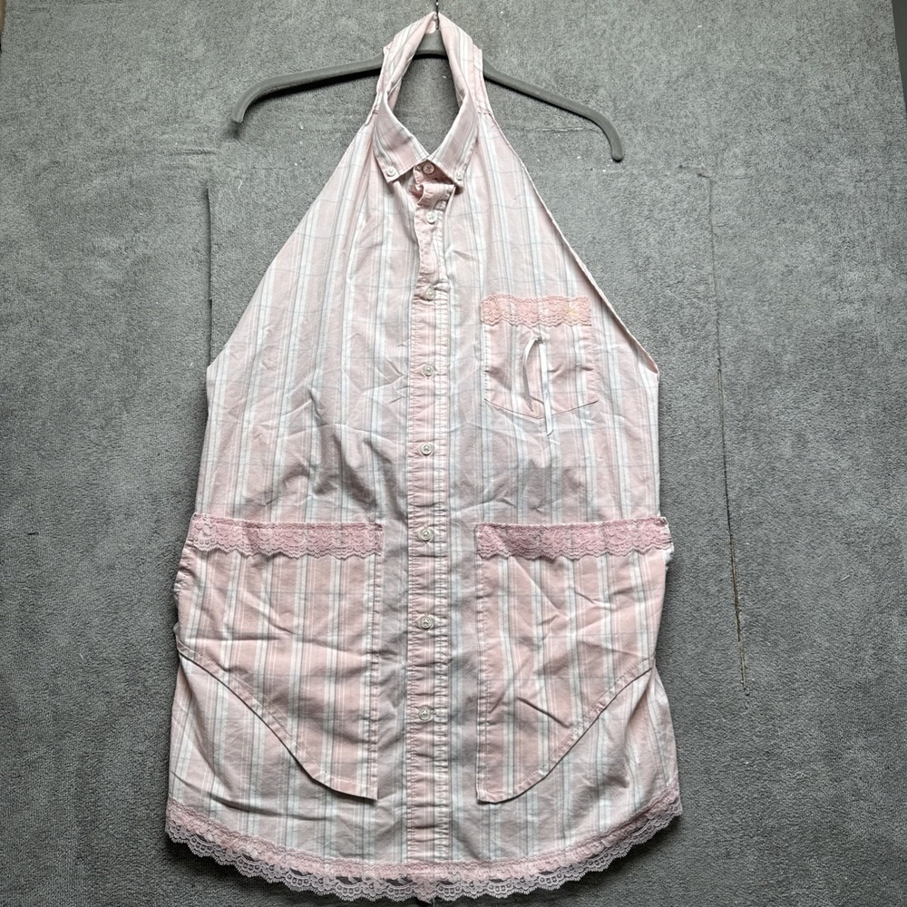 Pink Striped Button Front Halter Apron‎ with Lace Trim Cottagecore Retro Kitchen